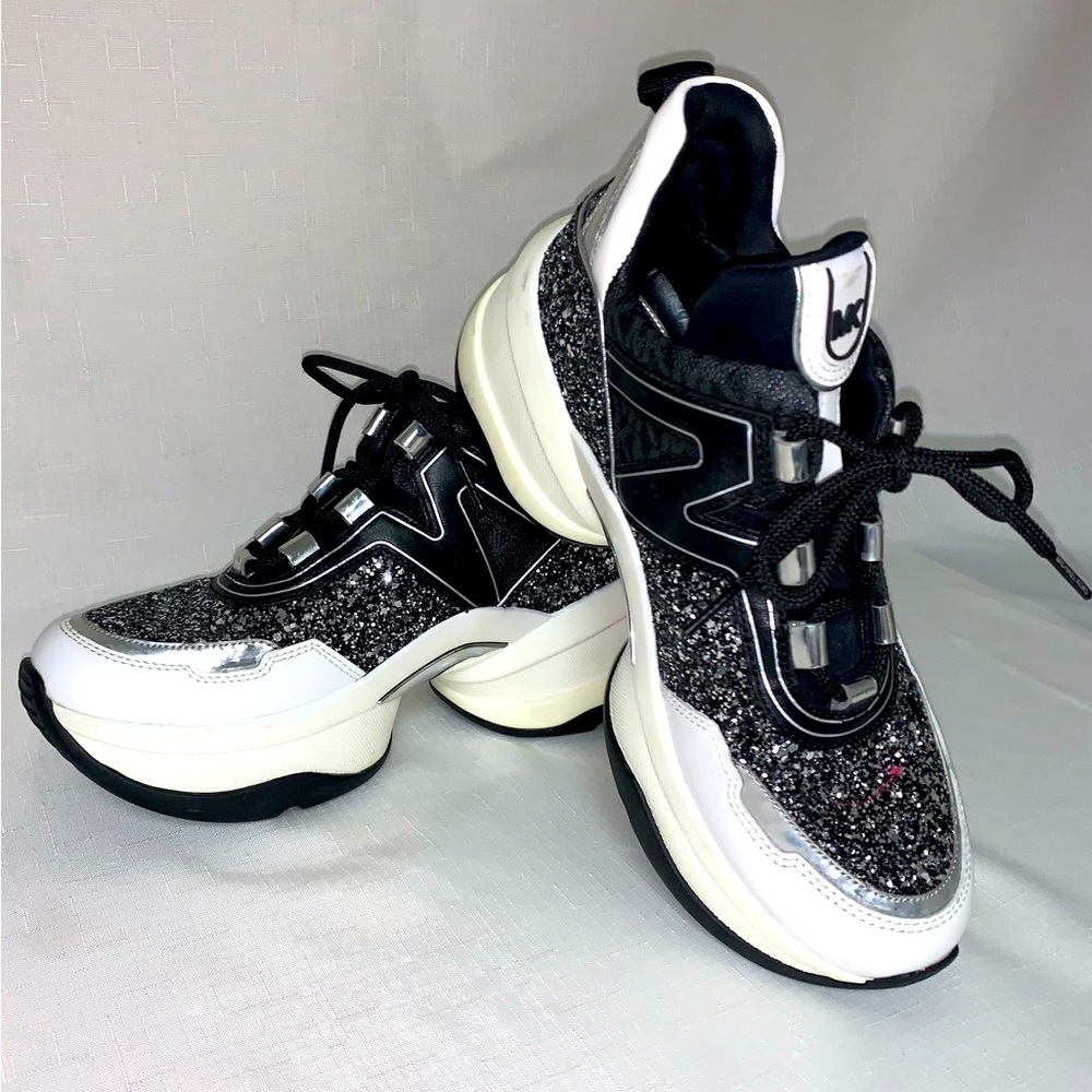 MICHAEL KORS Olympia Glitter Trainer Sneaker Women’s Black Silver 8.5M Lace Up - Picture 4 of 17